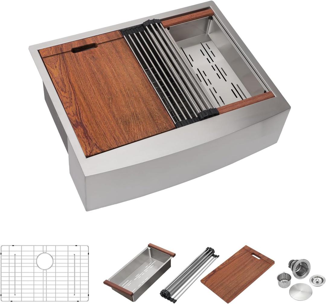 27 Farmhouse Kitchen Sink - Mocoloo 27 x 22 Stainless Steel Farm Sink Apron Front Ledge Workstation 16 Gauge Curved Apron Single Bowl Deep Basin
