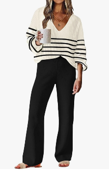 ETCYY NEW Womens 2 Piece Outfits Sweater Lounge Set Casual V Neck Knit Pajama Set Long Sleeve Top Wide Leg Pants Loungewear, S