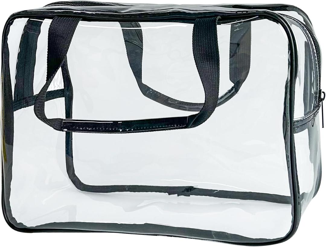 PVC Clear Pure Color Transparent Large Zipper Cosmetic Pouch Travel Makeup Cosmetic Bag with Handle for Travel Bathroom Toiletry Organizer (Clear+Black Handle)