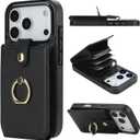 Folosu Compatible with iPhone 17 Pro Case Wallet with Card Holder, 360Rotation Finger Ring Holder Kickstand, RFID Blocking Leather Protective Double Buttons Shockproof Cover 6.3 Inch Black