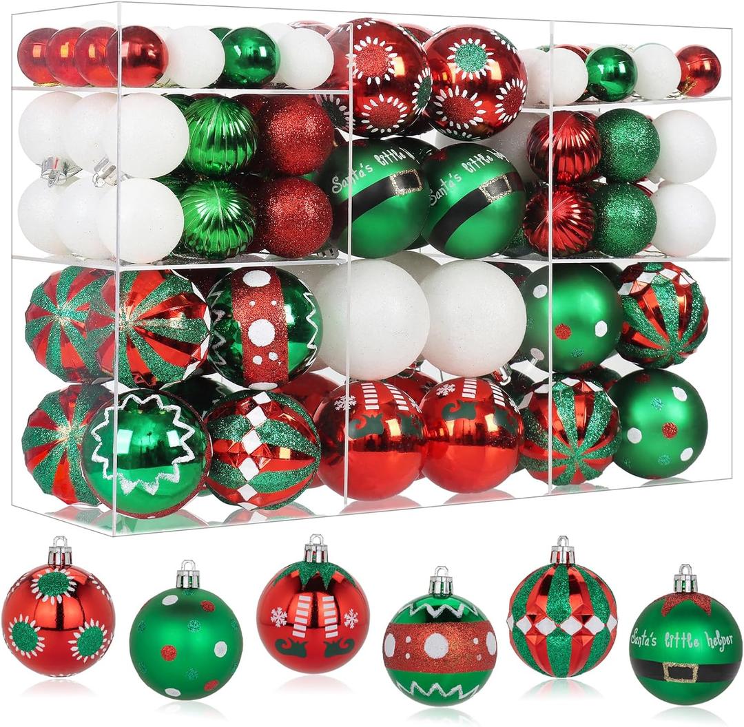 100PCS Elf Christmas Ornaments Sets, Red Green White Hanging Ornaments Balls for Christmas Tree Shatterproof Elves Theme Xmas Decorations for Holiday Party Decor (Red & Green & White)