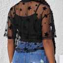 BEAUDRM Girl's 2 Piece Set Star Graphic Sheer Mesh Shirt Crew Neck Short Sleeve Crop Top with Camisole (Black) 10 Years