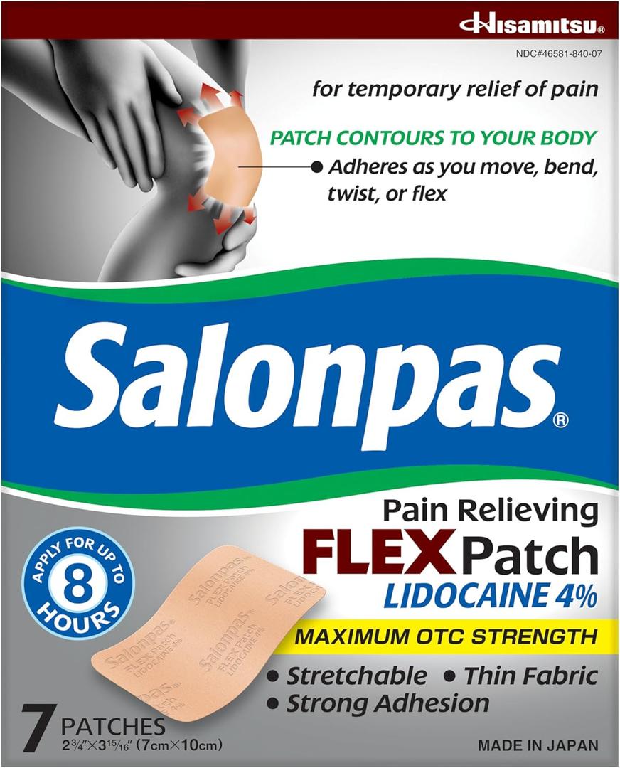 Salonpas Maximum OTC Strength Lidocaine 4% Pain Relieving Flex Patch, Apply for Up to 8 Hours, Unscented, Thin, Flexible, Lightweight, Patch Stays in Place, 7 Patches