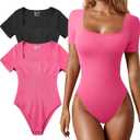 OQQ Women's 2 Piece Bodysuits Sexy Ribbed One Piece Square Neck Short Sleeve Bodysuits (Black Coral) S 