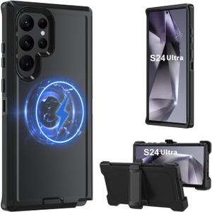 Magnetic Case for Galaxy S24 Ultra 5G case,Samsung S24 Ultra Heavy Duty case,[Military Grade Protective ],[Shockproof] [Dropproof] [Dust-Proof], (with Belt Clip,Black-MAG)