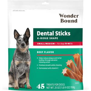 Wonder Bound Beef Flavor Dental Sticks for Small/Medium Dogs (15-40 lbs), 6-Ridge Shape for Plaque & Tartar Control, Freshens Breath, Formulated with Vitamin C, 45 Count , Best By: 06/04/2027