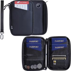 Family Passport Holder for 4, Black Passport Wallet for Travel, Passport Cover RFID Blocking for Women, Waterproof Wallet with Zipper, Airtag Passport Case for Men, Multiple Passport Bag