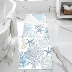 FNLNDO Coastal Bathroom Rugs Long Beach Bath Mats Blue Seashell Coral Ocean Bathroom Decor Absorbent Non Slip Bath Rug with Rubber Backing for Home Laundry 17X47 Inch (Blue, 17X47 Inch)