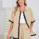 Fixmatti Women Two Piece Summer Sets Short Sleeve Button Down Shirts (Beige, S)