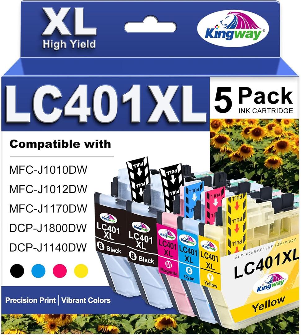 KINGWAY LC401XL Ink Cartridges for Brother High Yield Compatible for Brother LC401 Ink Cartridges LC401XL 401 XL Ink cartridges with MFC-J1010DW MFC-J1170DW MFC-J1012DW MFC-J1800DW Printe (5 Pack)