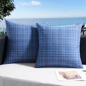 UGASA Outdoor Waterproof Throw Pillow Covers Pack of 2 Patio Water Resistant Pillow Cases Summer Woven Texture Decorative for Outside Garden Porch Yard Bench Tent 18x18 Inch, Blue