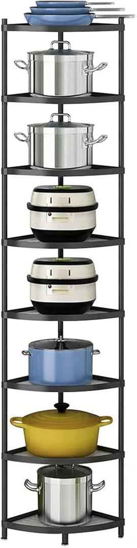 Kitchen Corner Shelf Rack, Multi-layer Pot Rack Storage Organizer Metal Shelves Holder (8 Tier) (Black)