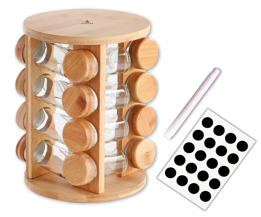 16-Piece Rotating Spice Rack Jar Set: Perfect Organization for Your Kitchen Bamboo Spice Rack Glass Spice Jars with Labels, Space-Saving Spice Rack Organizer for Kitchen
