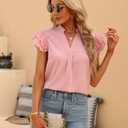 Sucolan Women's Summer Tops Dressy Casual Notch V Neck Ruffle Short Sleeve Flowy Shirts Cute Blouses Tops (Pink, S)