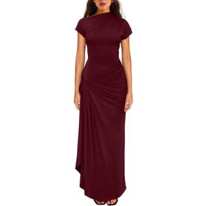 YMDUCH Women's Casual Short Sleeve Boat Neck Ruched High Split Bodycon Long Formal Dress WineRed, Small