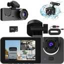 3 Channel Dash Cam Front and Rear Inside, 1080P Full HD Dash Camera for Cars with 32GB SD Card, Dash Cam Dashboard Camera Recorder 170° Wide Angle, Night Vision, WDR 24H Parking Mode G-Sensor