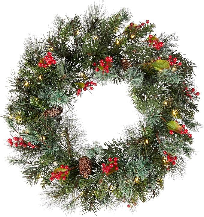 National Tree Company 24 in Pre-Lit Wintry Pine Artificial Christmas Wreath, Christmas Decoration with Pinecones, Red Berries, Snowy Bristle, 50 Clear Lights, 113 Tips, Green