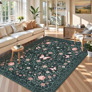 GarveeHome Washable Floral Area Rug 5x7 for Living Room Non Slip Bedroom Rug Soft Stain Resistant Large Dining Room Throw Carpet Low Pile Black Bow Rugs Butterfly Flower Carpet for Nursery Entry, 5x7