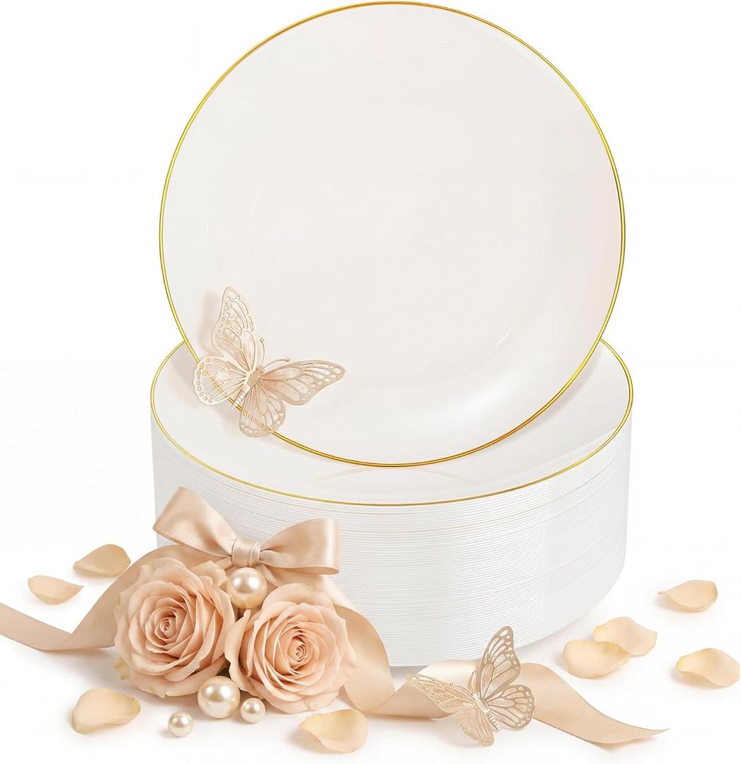 Nervure 100Pcs Ivory and Gold Plastic Plates - 7.5inch Disposable Ivory Dessert/Salad Plates - Heavy Duty Plastic Plate Ideal for Wedding & Party & Mothers Day