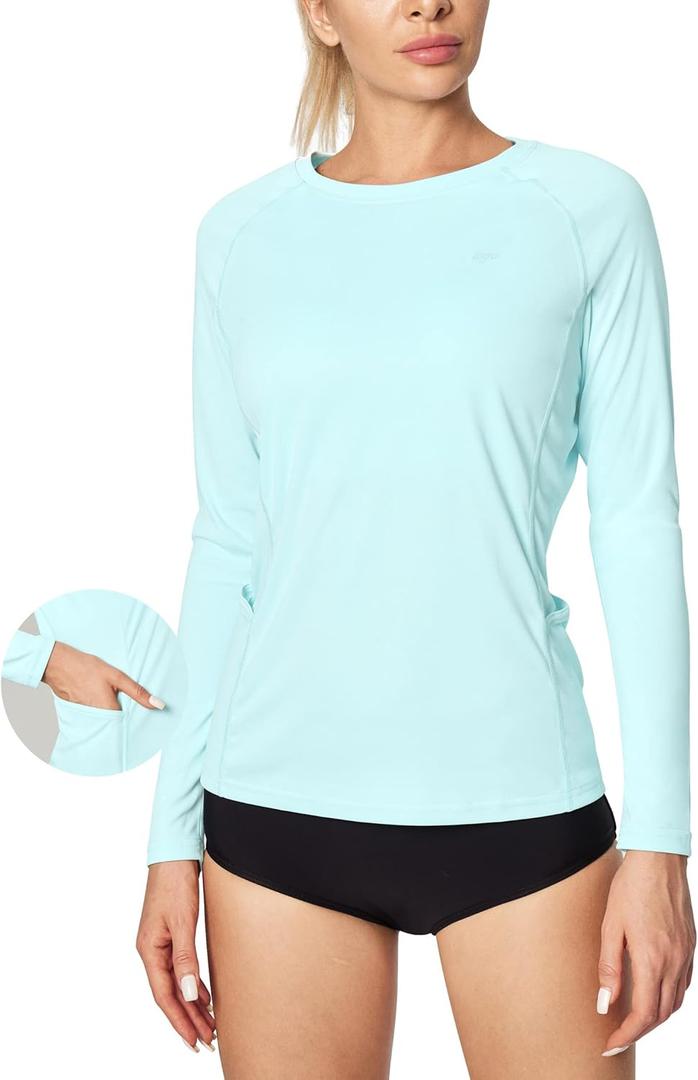 IUGA Rash Guard for Women UPF 50+ SPF UV Protection Long Sleeve Workout Tops with Pockets Dry Fit Hiking Swim Shirt (Medium, Basic Shirts-pale Turquoise)