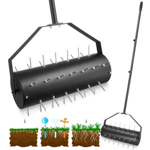18-inch Rolling Lawn Aerator Tool, 50"-70" Handle Heavy Duty Spike Aerator with Sandbag, 40 Iron Spikes Tighten with Patience, Manual Rolling Aerator Lawn for Yard Garden