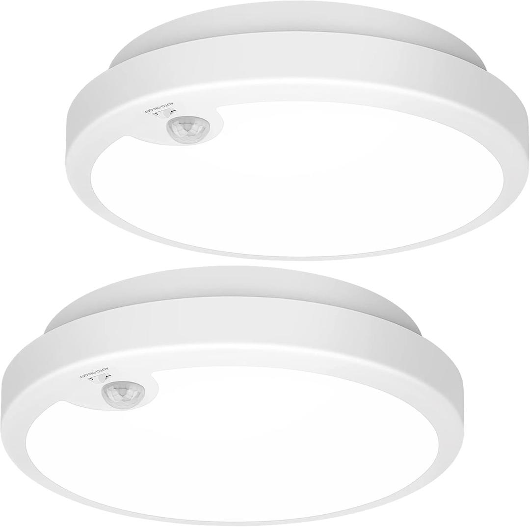 2-Pack Battery Operated Motion Sensor LED Ceiling Light, 7.2inch Flush Mount Light Fixture 6000K, Wireless Motion Activated Ceiling Lamp in 400LM for Closet Pantry Laundry Stair(Battery Not Included) (6000K Cool White)