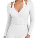 YEOREO Women Pilates Wrap Top Long Sleeve Tie Ballet Workout Yoga Shirt Michelie Y2K V Neck Cropped Tops , Large White