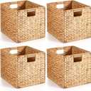 Layhit 4 Pcs Wicker Storage Basket Water Hyacinth Handwoven Baskets with Handles Foldable Woven Organizer Multipurpose Wicker Storage Bins for Bedroom Living Room(13 x 11 x 11'',Natural)