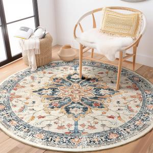Area Rugs 6ft Washable Non-Slip, Floral Vintage Distress Print Pattern Medallion Carpet for Living Room Bedroom Dining Room, Beige Navy Blue Orange Colorful