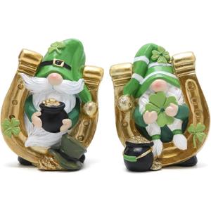 Hodao St Patricks Day Gnome Decorations, Lucky Clover Resin Figurines Set, Irish Holiday Tabletop Decor, Lucky Gnome Gift for Home Shelf Desk, Seasonal Gift Idea (Set of 2)
