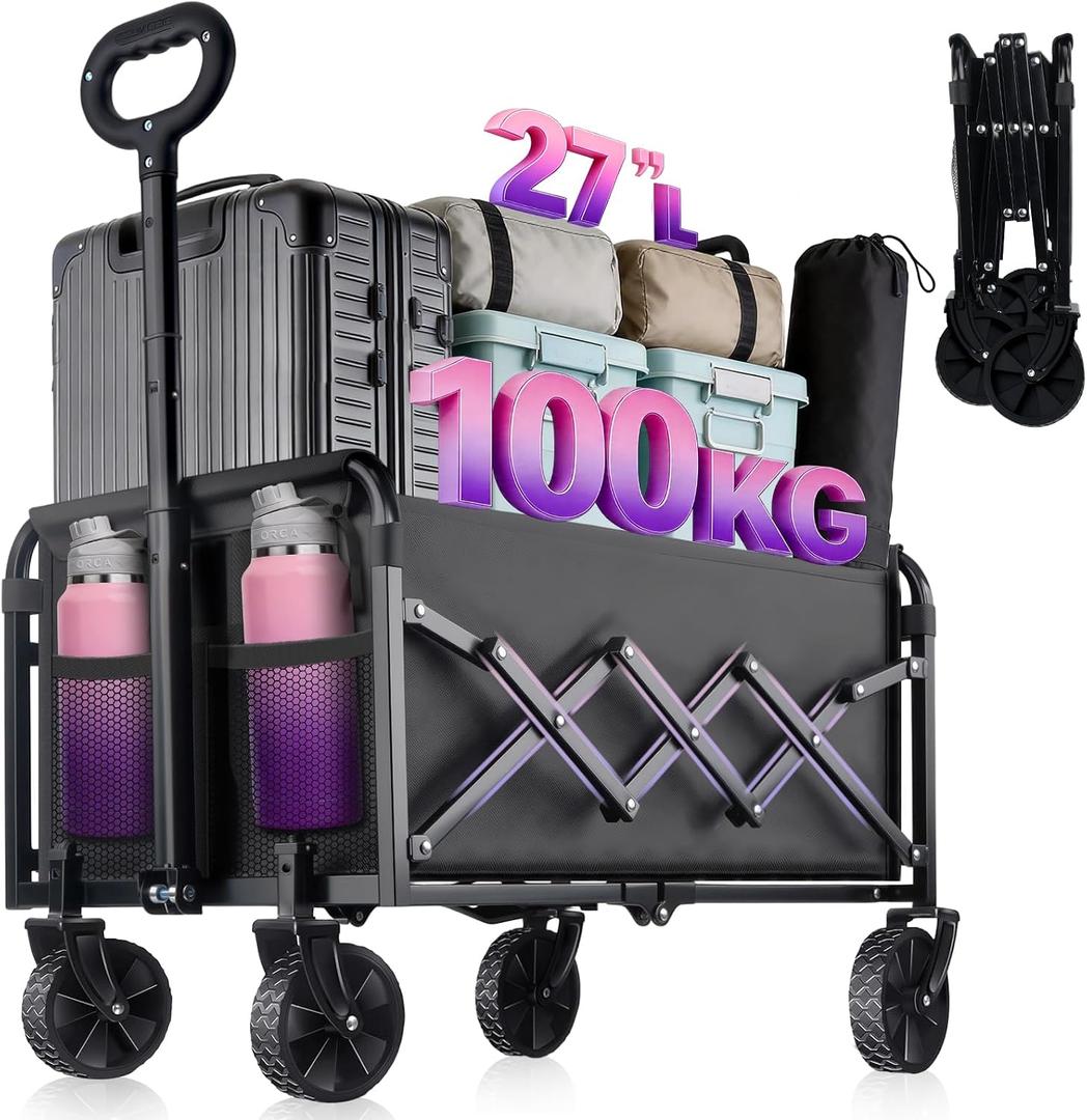 Collapsible Folding Wagon Cart with Wheel - 100KG Foldable Wagon Carts with 360° Rotatable & All Terrain Wheels, Portable Lightweight Wagon Cart for Sports/Camping/Fishing/Gardening