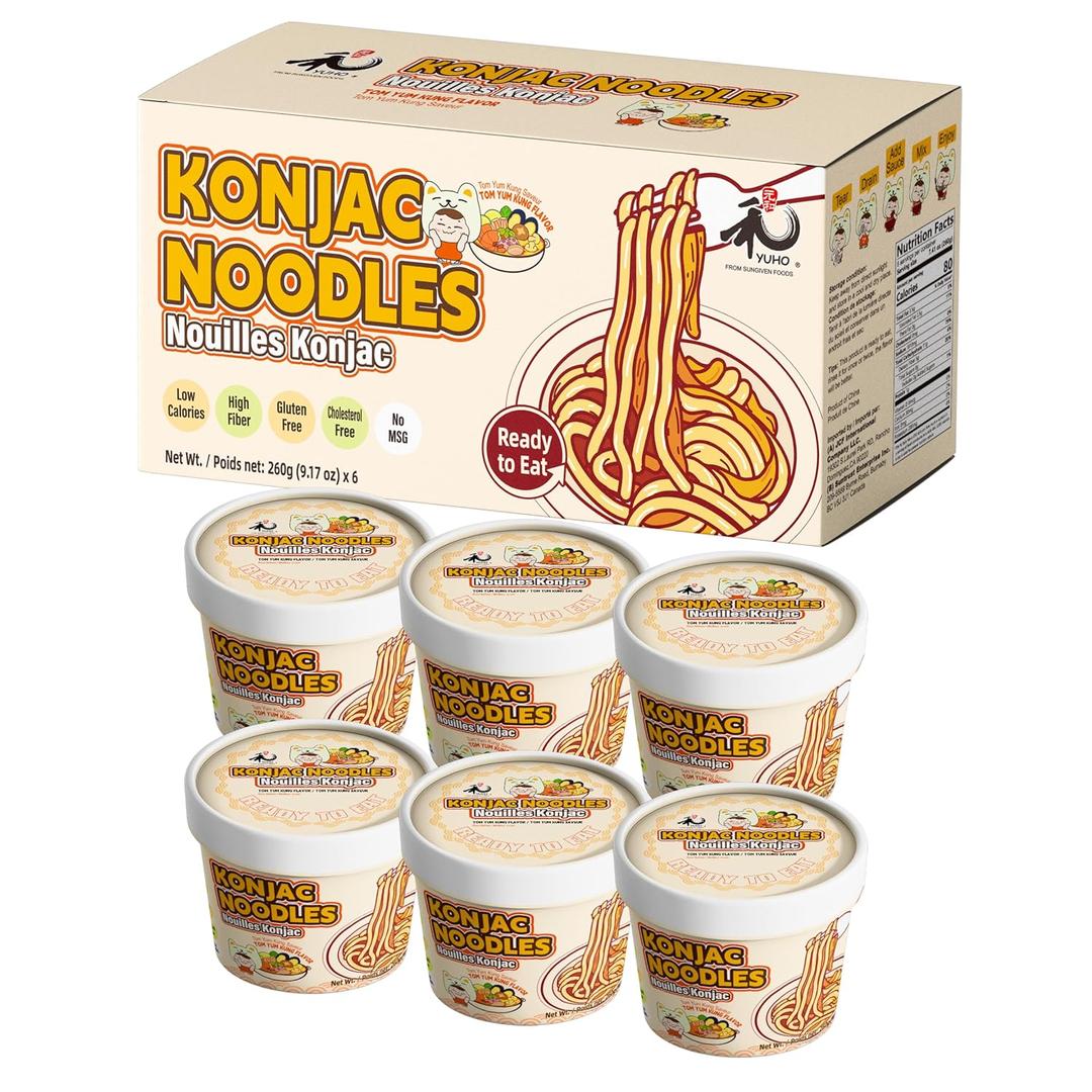 YUHO Shirataki Konjac Angle Hair Tom Yum 6 Pack, Gluten Free, Fat-Free, Keto Friendly, Low Carbs Noodles, Ready to Eat, Instant Cup Soup 55.02 Oz (BB: August 18, 2025)