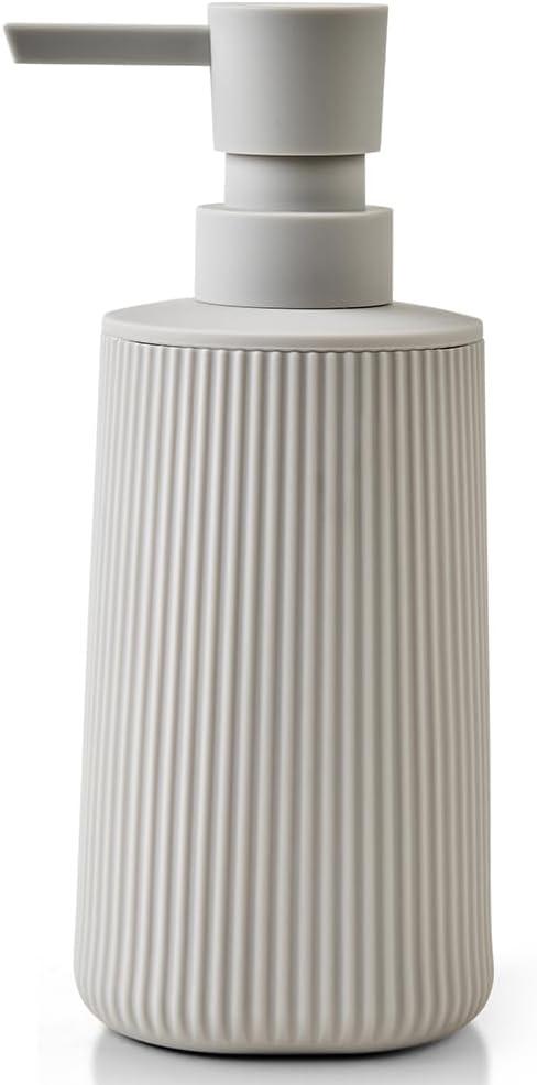 Small Soap Dispenser for Bathroom and Kitchen, Modern Farmhouse Striped Style Plastic Hand Soap Dish Soap Dispenser with Pump Matte Beige