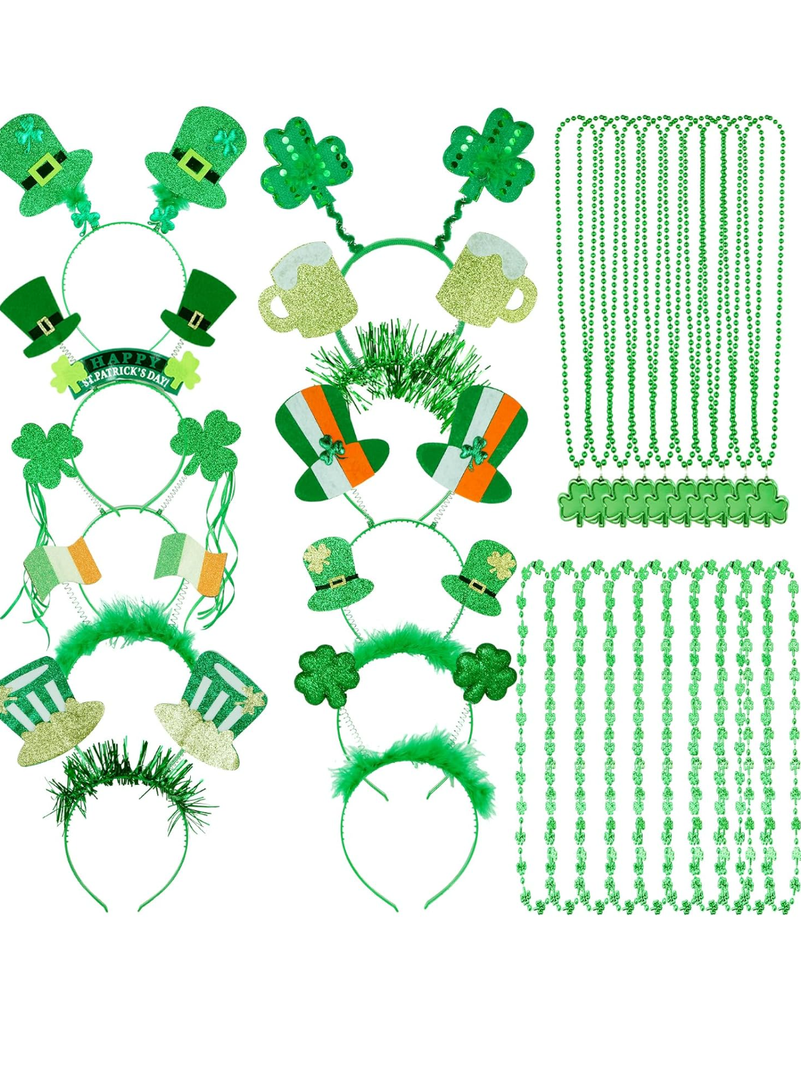 30PCS St Patricks Day Accessories Beads Necklace Green Shamrock Pom Hat Headbands, St. Patrick's Day Accessories Party Favors Set for Festivals Event Parades Irish Green Supplies Men Women