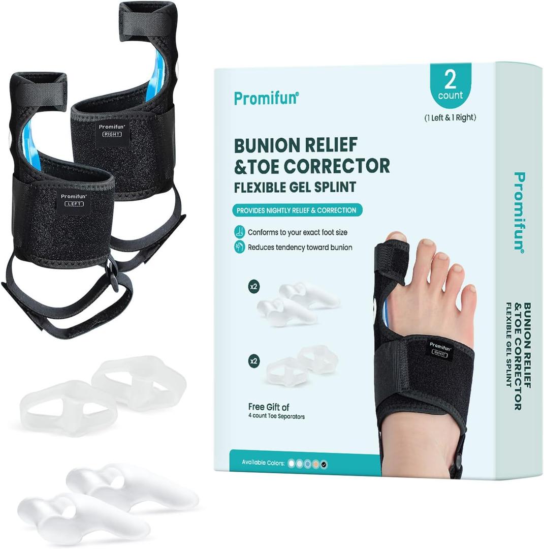 Bunion Corrector Women & Men Big Toe - 1 Pair Bunion Splint Brace - Adjustable Bunion Correction with Soft Gel - Splint Brace for Pain Relief - Toe Straightener with Non-slip Strap(Black)