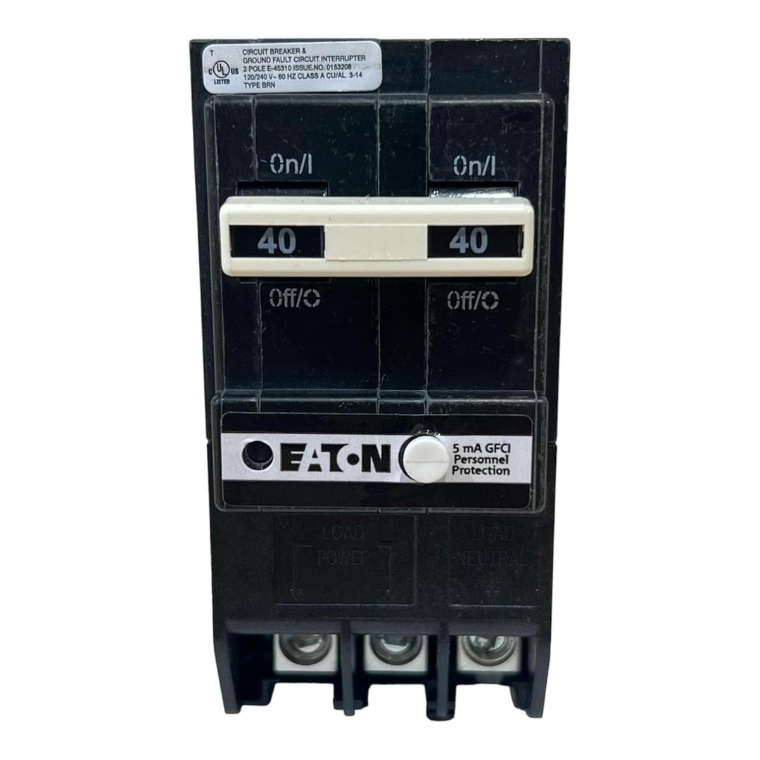 Eaton BRN240GF BR GFCI Circuit Breaker, Ground Fault, Pigtail Neutral, 40 A, 10 KAIC, Two-Pole, 120/240 V
