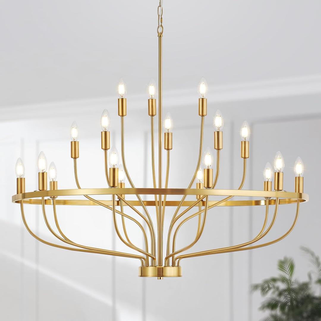 39.4" Modern Gold Chandelier Vintage 18-Lights Mid Century Modern Candle Style Chandeliers Light Fixture Large Rustic Golden Chandelier for Dining Room, Kitchen Island, Living Room, E12, 39.4in