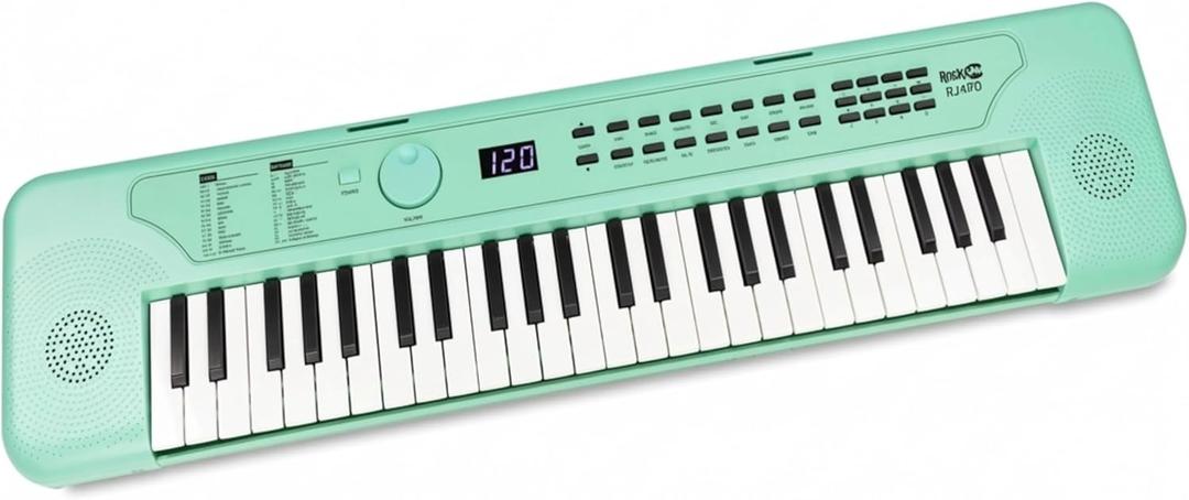 RockJam 49 Key Keyboard Piano, Portable Electronic Music Keyboard with Speakers, USB-C Power or Battery Operation, Headphone Input, 200 Tones, 200 Rhythms, Note Stickers & Lessons, Compact