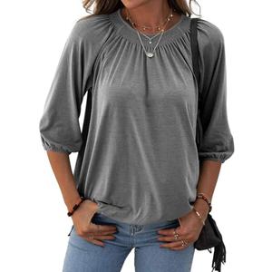 Grlasen Women's Solid Crew Neck T Shirt Blouse Cotton Half Sleeve 3/4 Sleeve Casual Loose Pleated Basic Tops (Gray, S)