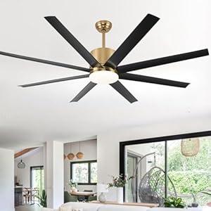 TXCSLY 60 inch Ceiling Fan with Light, Large Ceiling Fan with Remote Outdoor Ceiling Fan Quiet DC Motor, 8 Blades, 6 Wind Speed, Dimmable and Quiet DC Motor for Bedroom Living Room- Black &Gold
