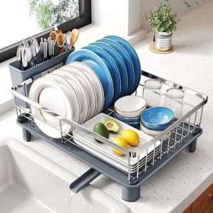 SNTD Dish Drying Rack - Small Dish Rack for Kitchen Counter, Stainless Steel Dish Drainer with Utensil Holder and Drainboard, 11" W x 15" L (Silver)