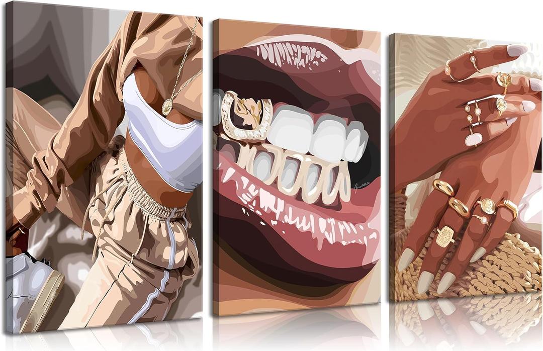 3pcs Trendy Black Woman Canvas Wall Art Fashion Black Girl Wall Decor Pictures African American Woman Posters Prints for Home Living Room Bedroom Bathroom Decoration Ready To Hang