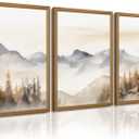 Neutral Mountain Wall Art Decor Set of 3 Forest Canvas Wall Art Poster Landscape Wall Art Artwork Modern Pictures Abstract Painting Watercolor Prints for Living Room Bedroom 12x16 Inch Framed