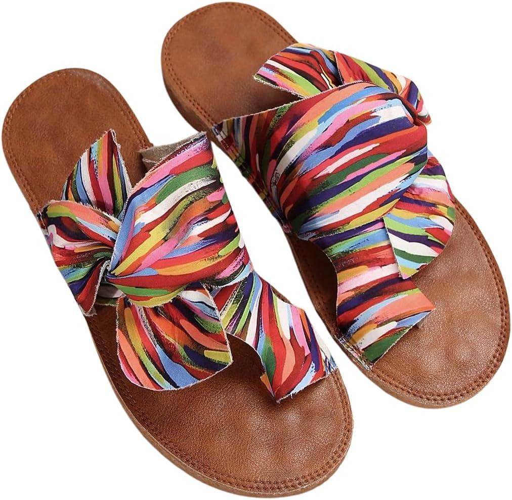 GORGLITTER Women's Rainbow Bow Tie Flat Beach Sandals 2025 Vacation Open Toe Thong Sandals Summer Slides Shoes (8, Multicolor)