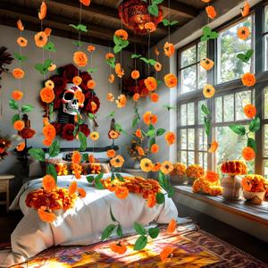 6 Pcs 5.9 ft Day of The Dead Marigold Garlands Hanging Artificial Diwali Dia De Los Muertos Marigold Garlands Suitable for Diwali Mexican Festival Altar Mourning Decoration Home Garden Wedding Party