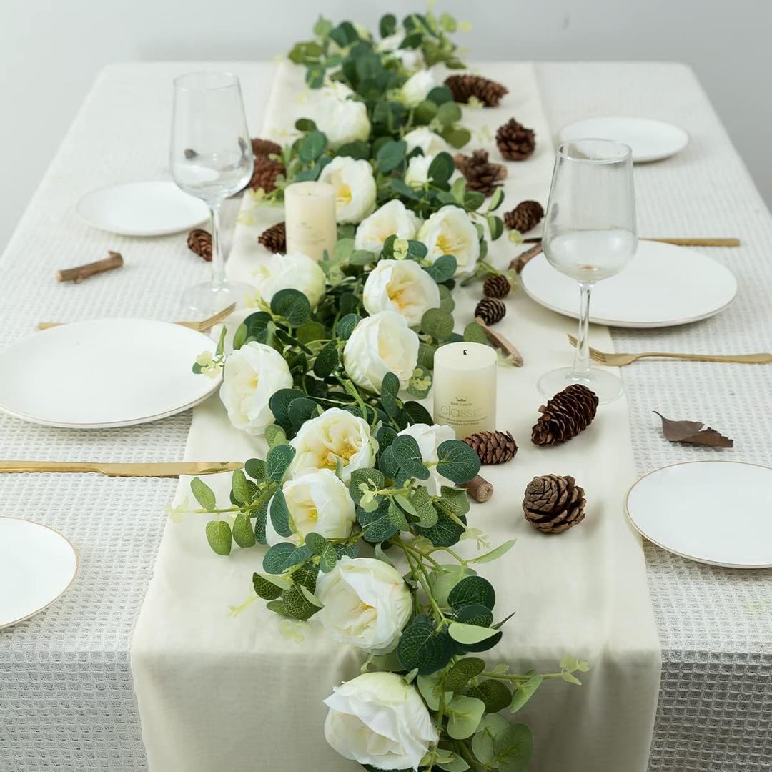 Floweroyal 2 Pack Artificial Flower Garlands 15.8FT Eucalyptus Garlands with Flowers 12 Head Peony Flower Vine Silk Rose Vine for Wedding Arch Table Wall Backdrop Party Home Decoration. (White) (Cream White)