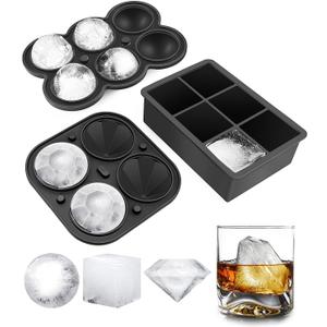 Dclobtop Ice Cube Trays, Silicone Ice Cube Molds for Freezer with Lid (Set of 3), 6 Ball Ice Cube Tray, 4 Diamond & 21-Ice Trays, Reusable Whiskey Ice Mold, DIY, BPA Free, Freezer (3Pack Multiple Shapes-Black)