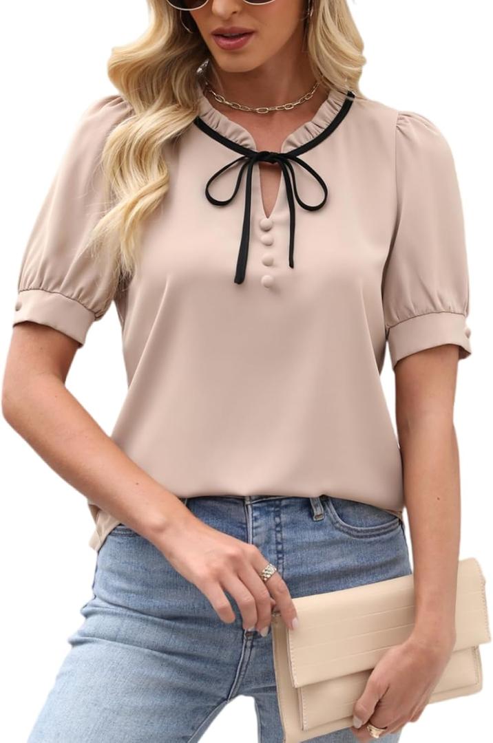 CiCiBird Womens Dressy Casual Blouses Elegant Business Work Tops Tie Front Puff Short Sleeve Shirt (Teal, M)