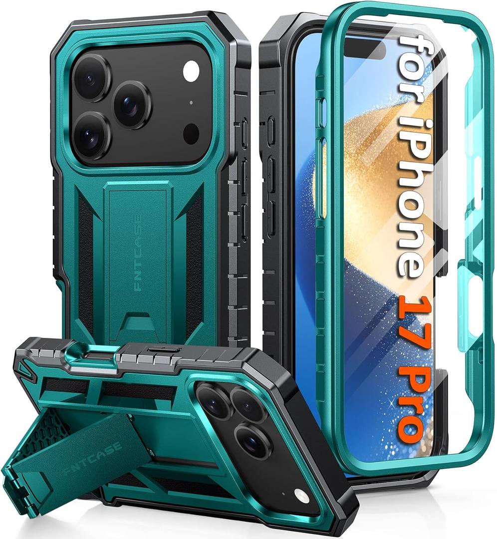FNTCASE for iPhone 17 Pro Case: Military Grade Drop Proof Protection Mobile Cover with Kickstand | Matte Textured Rugged Shockproof TPU | Protective Sturdy iPhone 17 Pro Phone Cases 2025 - Green