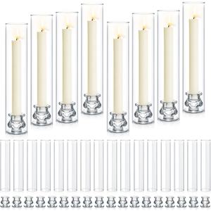 24 Set Hurricane Glass Candlestick Holders 12.6" Two Side Open Glass Candle Holders and 2.2" Taper Candlesticks Holder Bulk for Table Centerpiece Wedding Christmas Home Decor